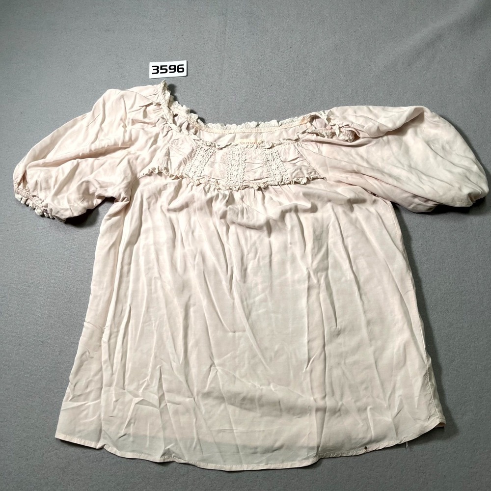 Solitaire Blouse Top Womens Large Cream Ruffle Detail Puff Sleeve Pleated Casual